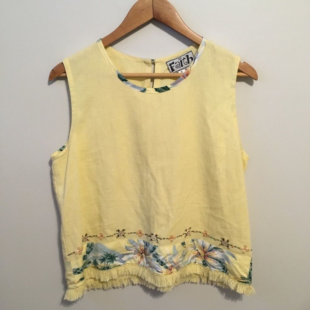 Vintage Faith Pale Yellow Beads & Fringe Top | M
